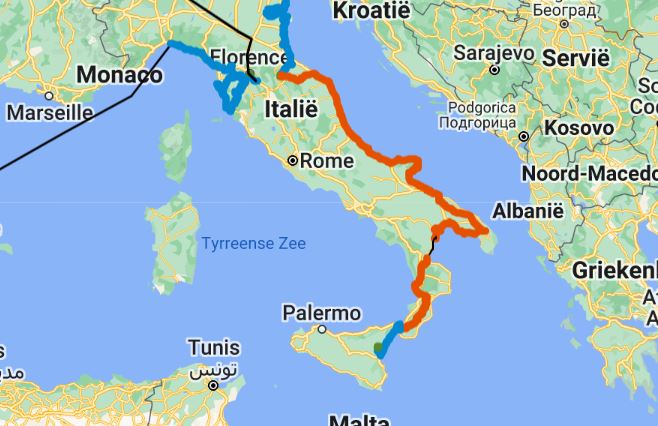 route langs de Italiaanse kust